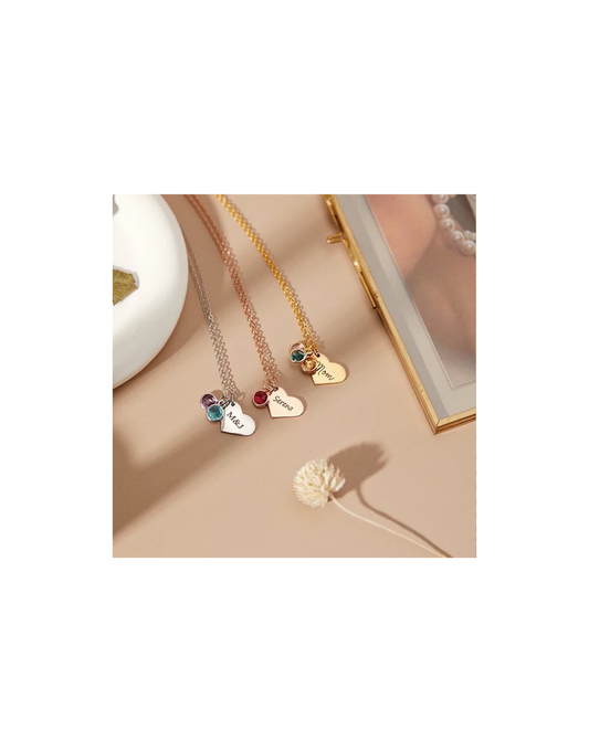 Personalized Birthstone Heart Necklace: Engraved Name Charm, Custom Jewelry